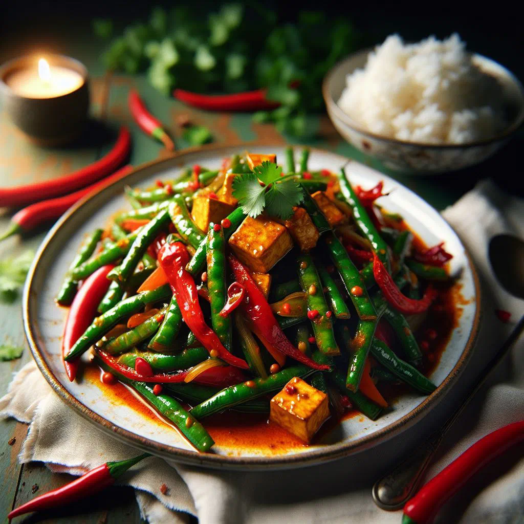Pad Prik King stir-fry with green beans and red curry paste served over jasmine rice