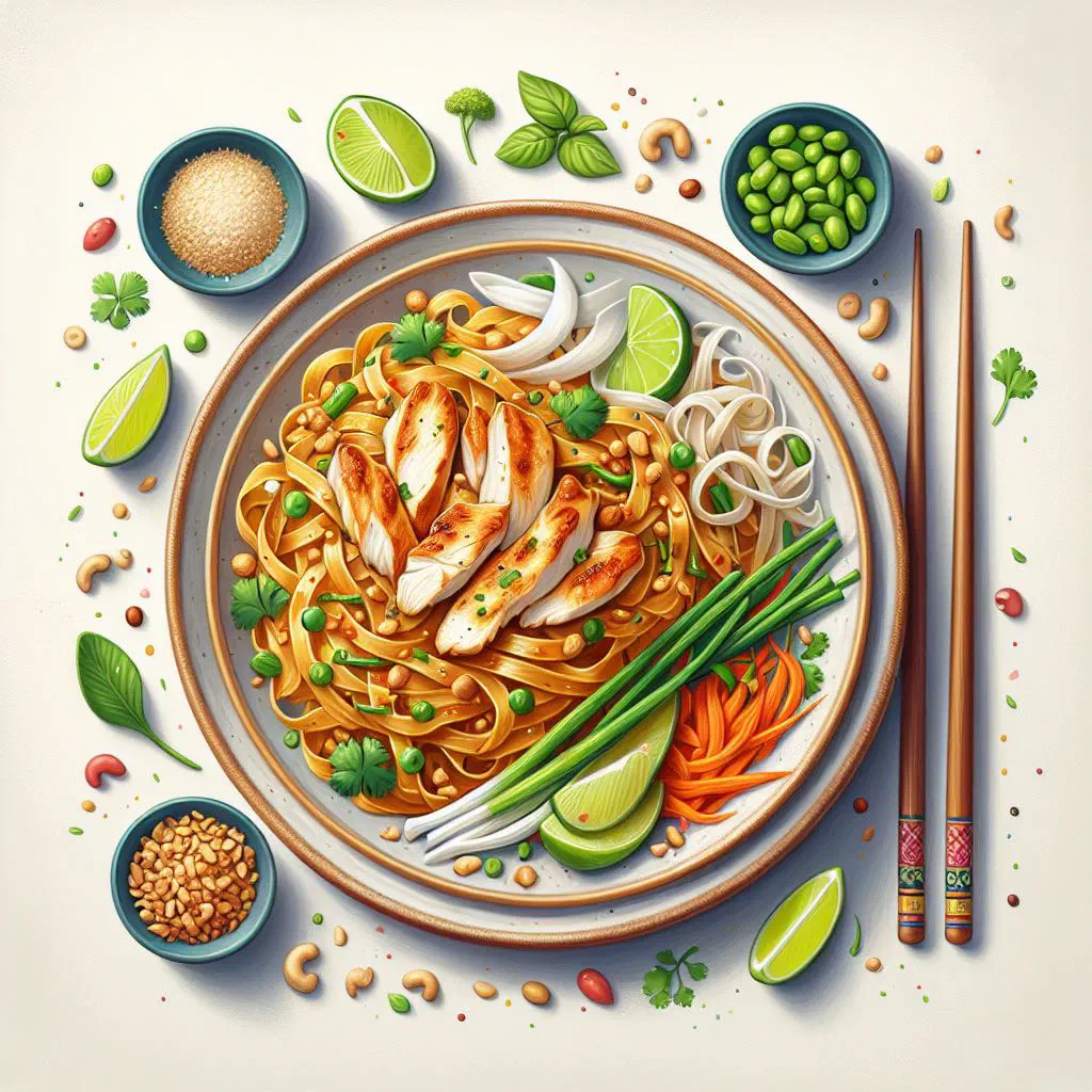 Pad Thai Gai with stir-fried rice noodles, chicken, peanuts and lime