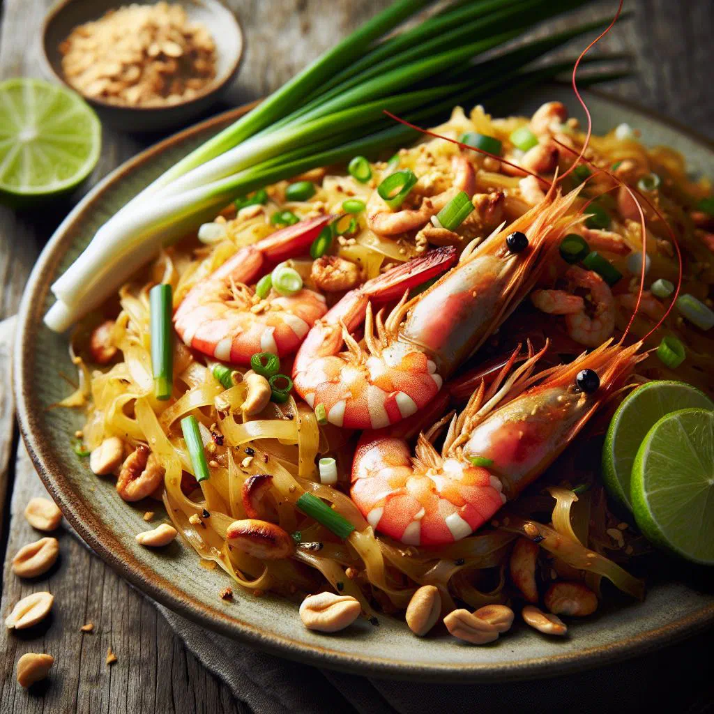Pad Thai Goong with prawns, rice noodles, bean sprouts and crushed peanuts