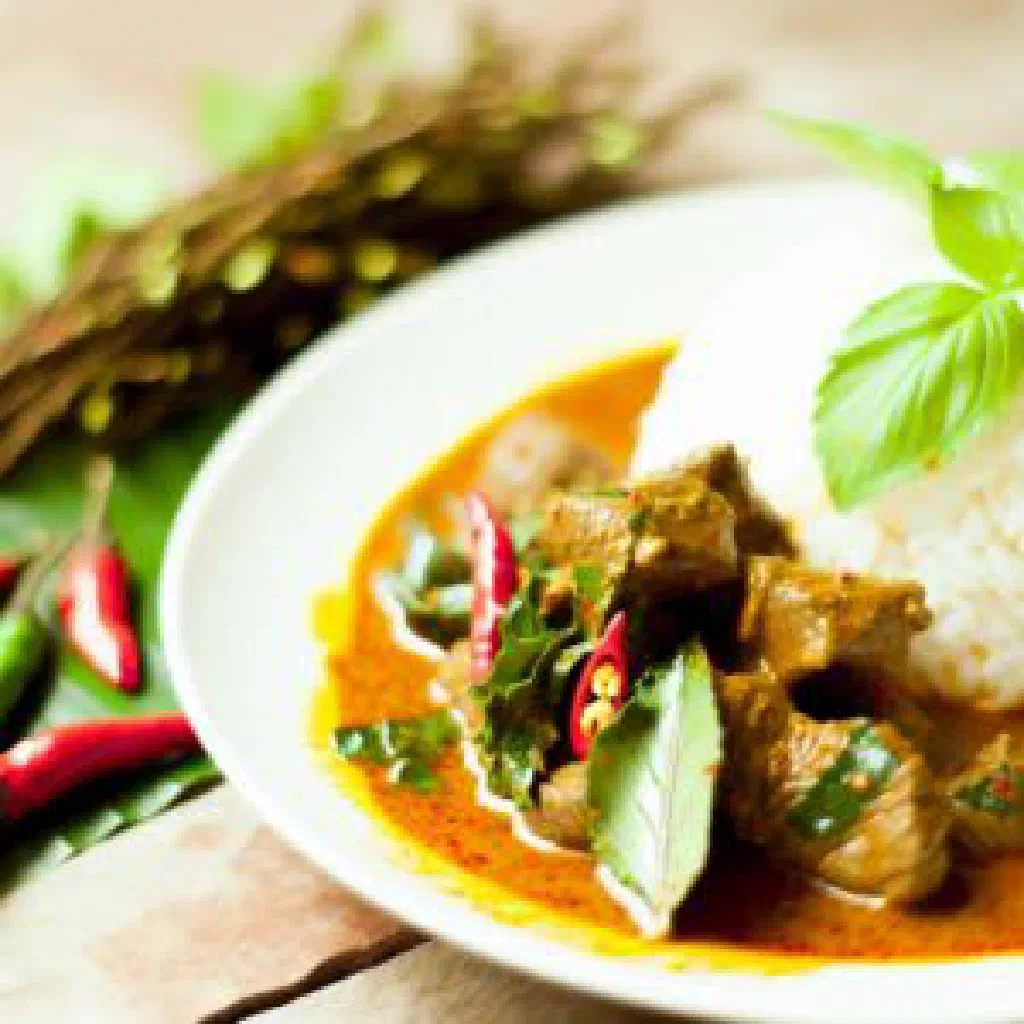 Panaeng neua beef curry in creamy coconut sauce with Thai basil and jasmine rice