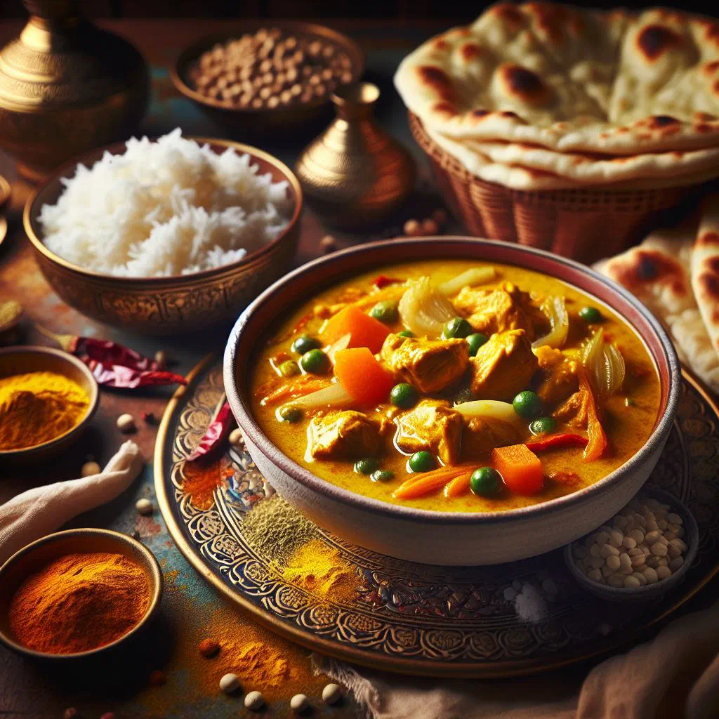 Panang gai chicken curry in coconut milk garnished with peanuts and basil