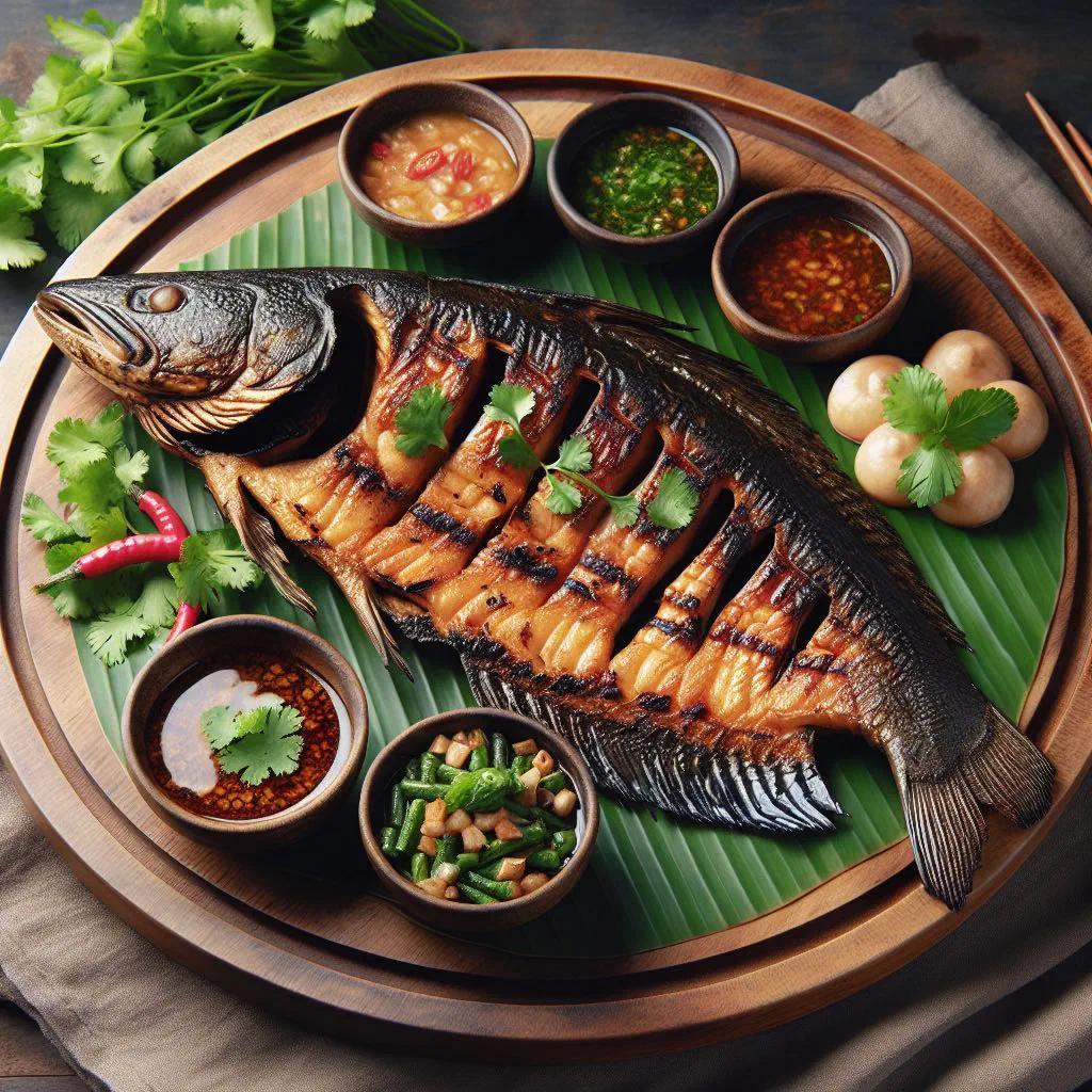 Grilled marinated fish garnished with fresh herbs and lime