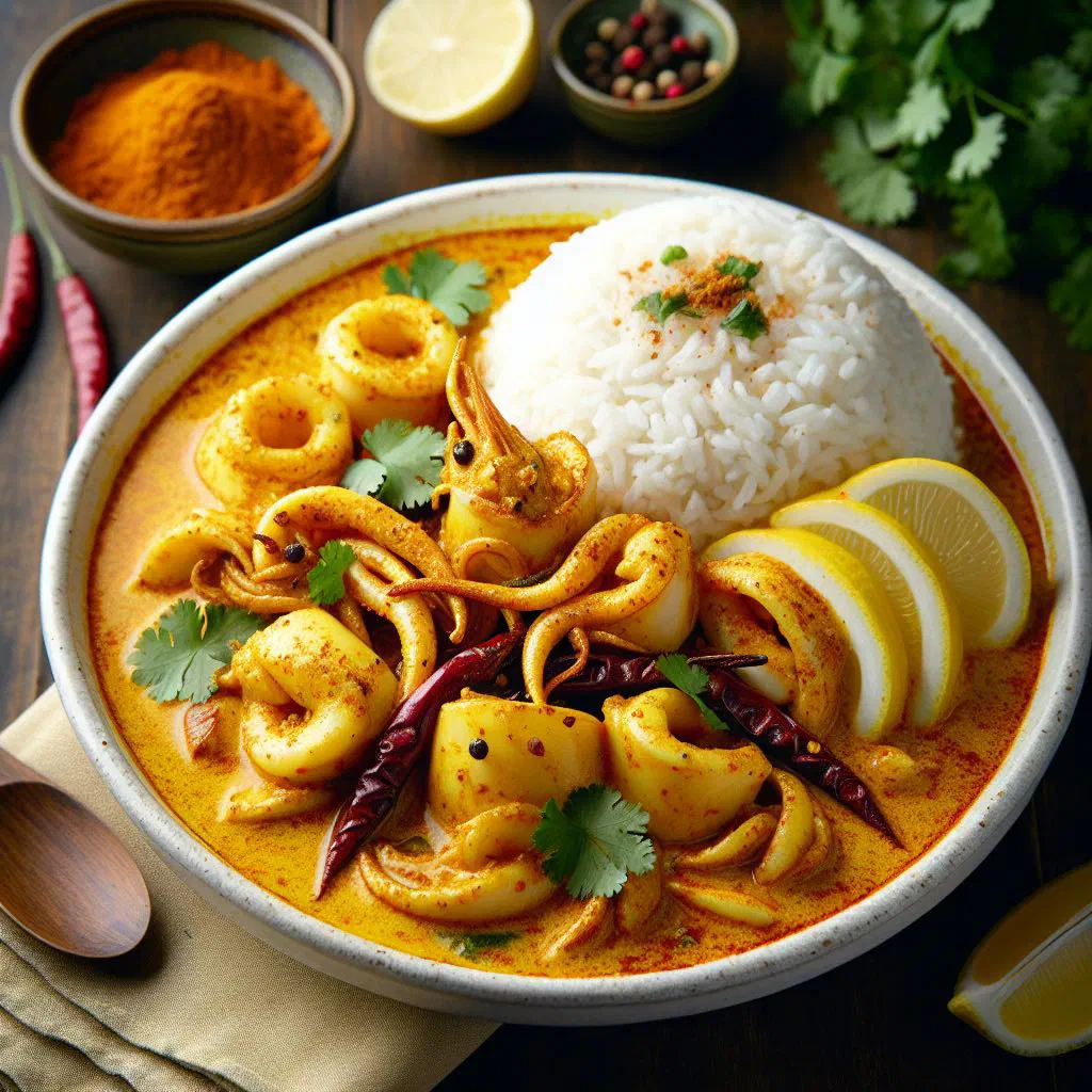 Stir-fried squid in golden curry sauce garnished with fresh coriander