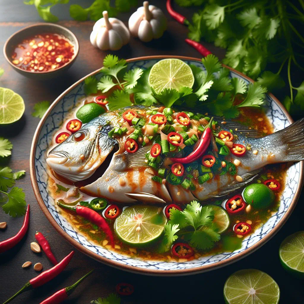 Steamed white fish topped with lime, chilli and fresh coriander