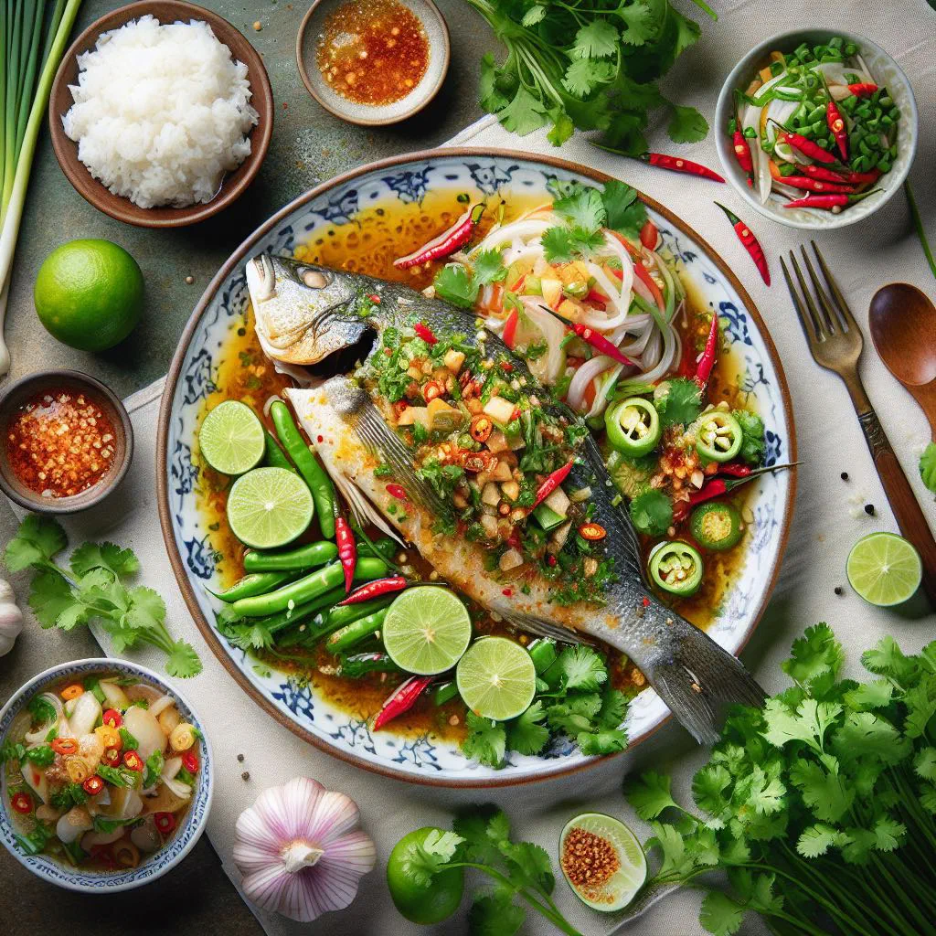 Whole steamed fish with lime slices, chilli and fresh coriander