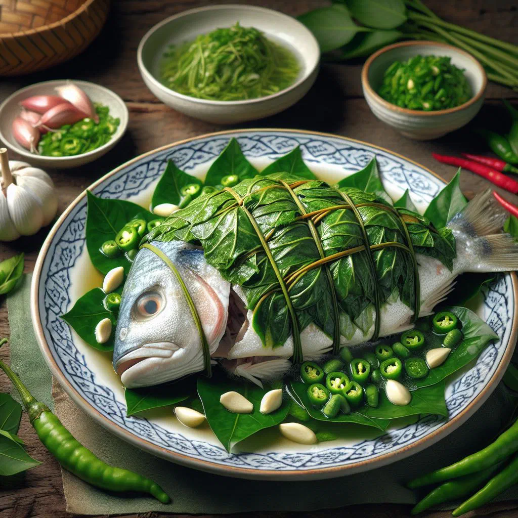 Steamed fish topped with lemongrass, ginger and fresh coriander, served with rice