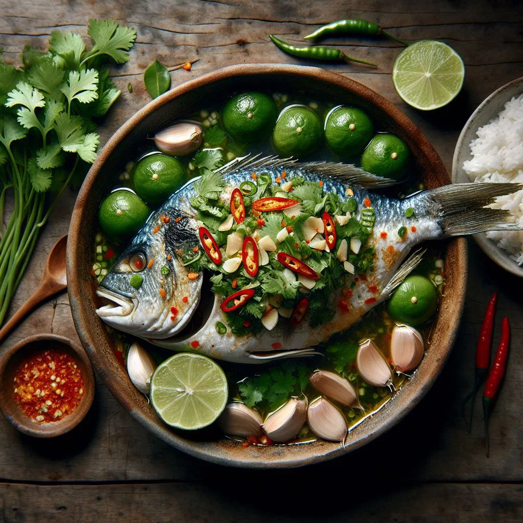 Whole steamed fish in lime sauce topped with garlic, chilli and fresh coriander
