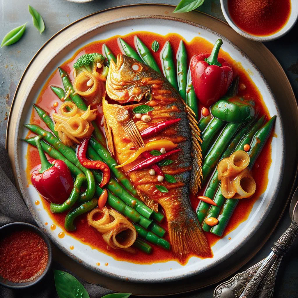 Spicy stir-fried fish in red curry paste garnished with Thai basil and chillies