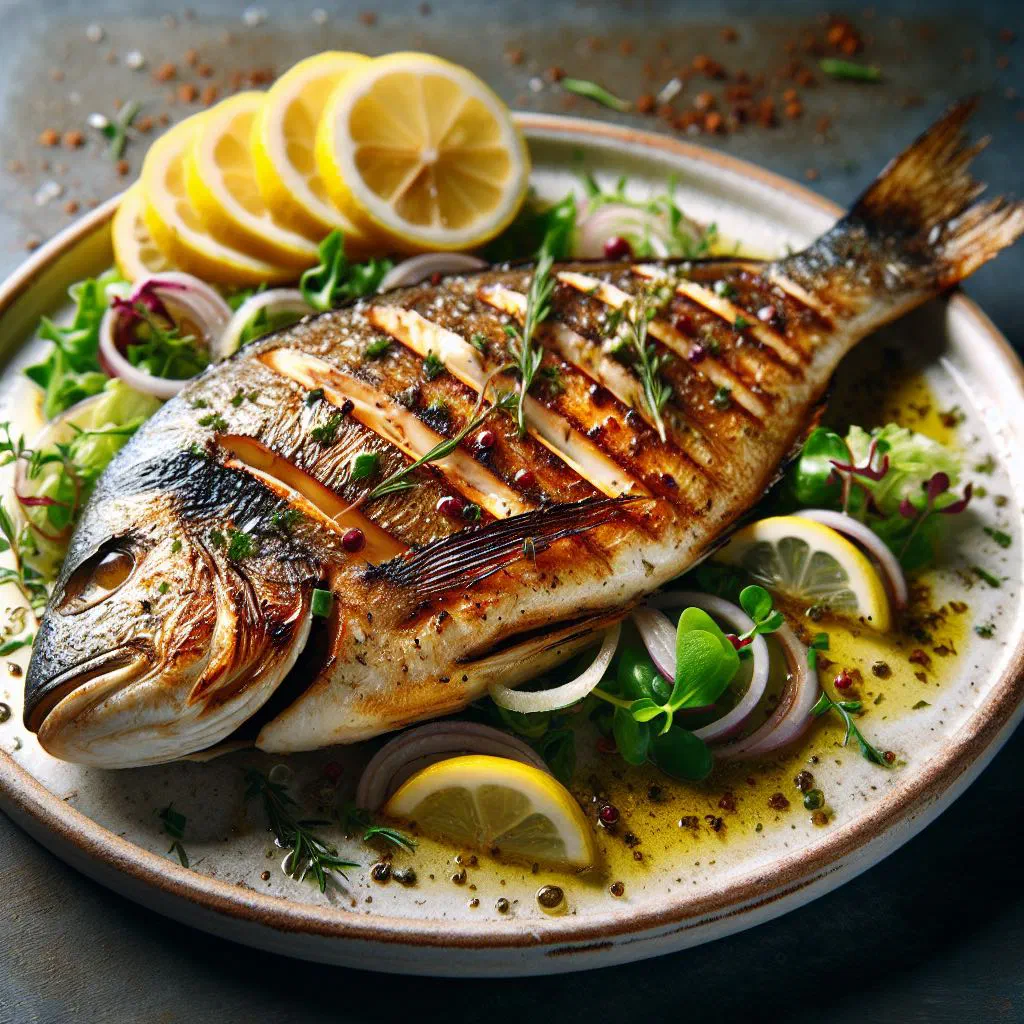 Whole grilled fish in a salt crust wrapped in banana leaf with fresh coriander