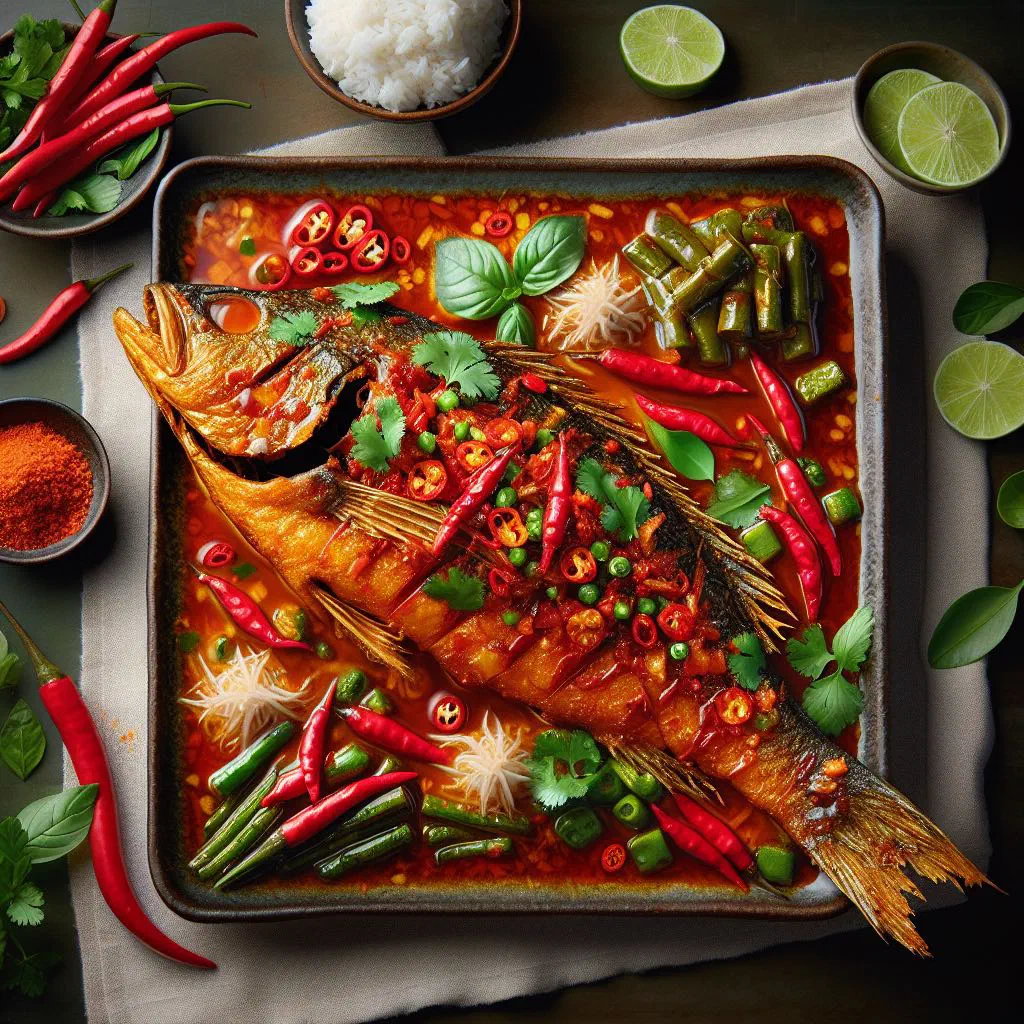Crispy whole fried fish topped with a spicy red chilli sauce and fresh coriander