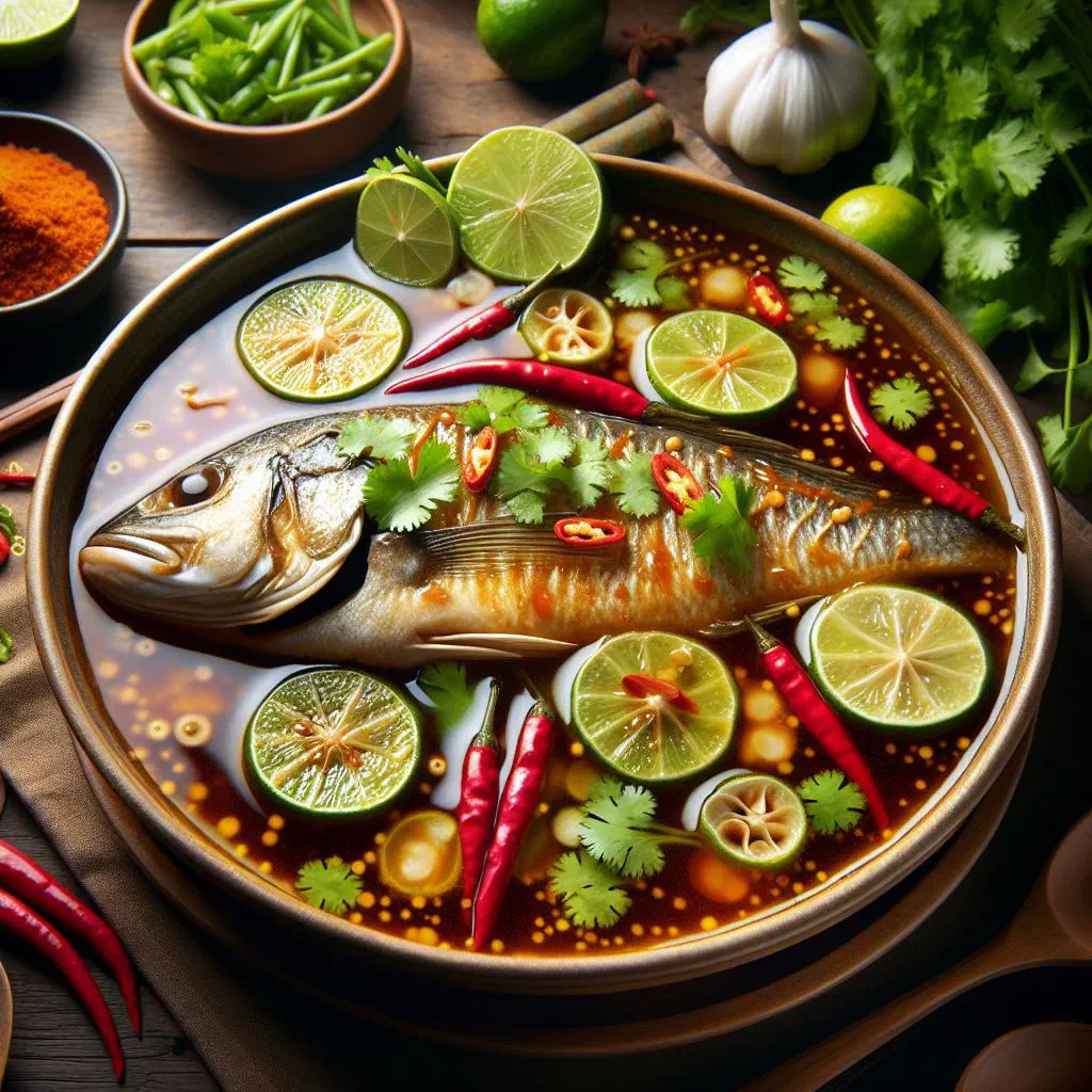 Thai steamed white fish topped with coriander, chilli and ginger