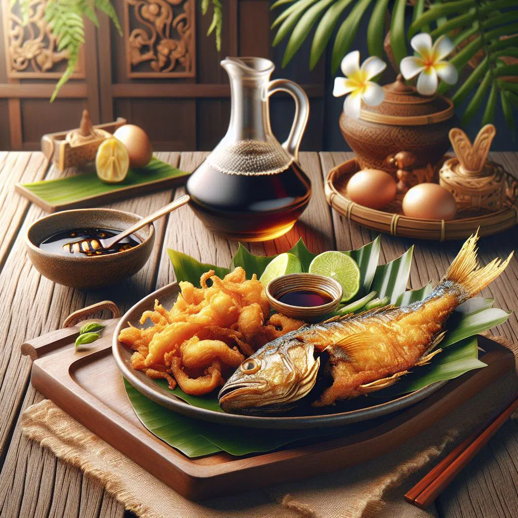 Crispy fried Thai fish served with fresh vegetables and a spicy dip