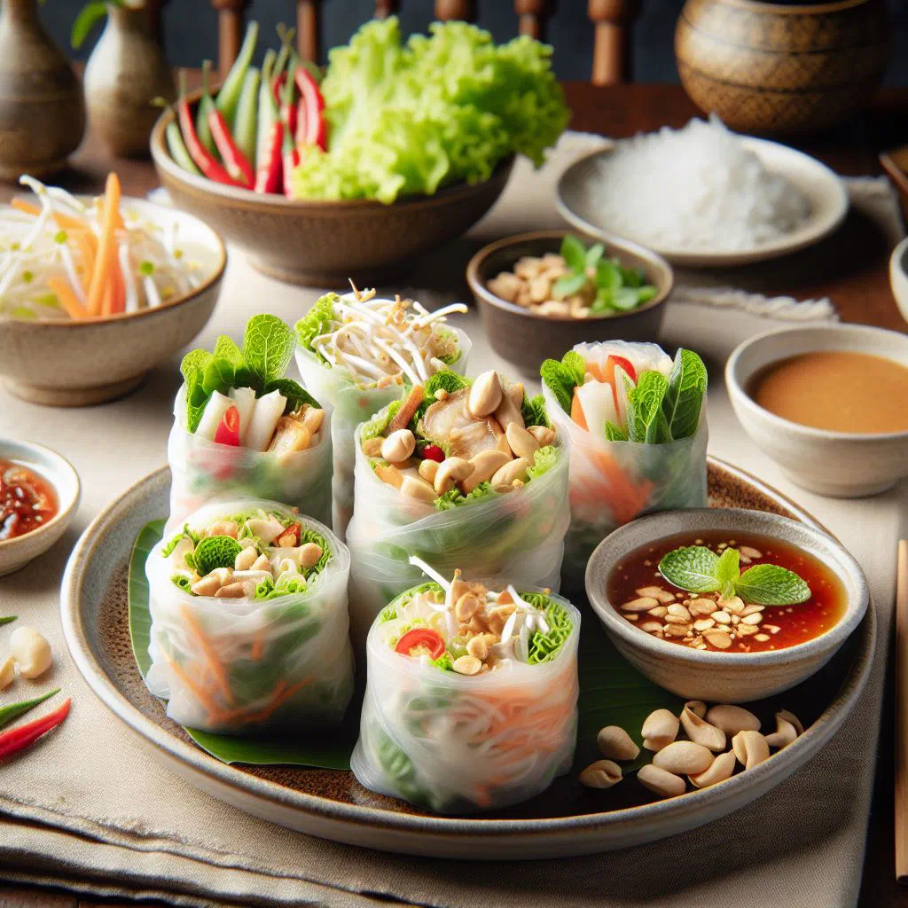 Fresh Po Pia Sod spring rolls in rice paper with herbs and dipping sauce