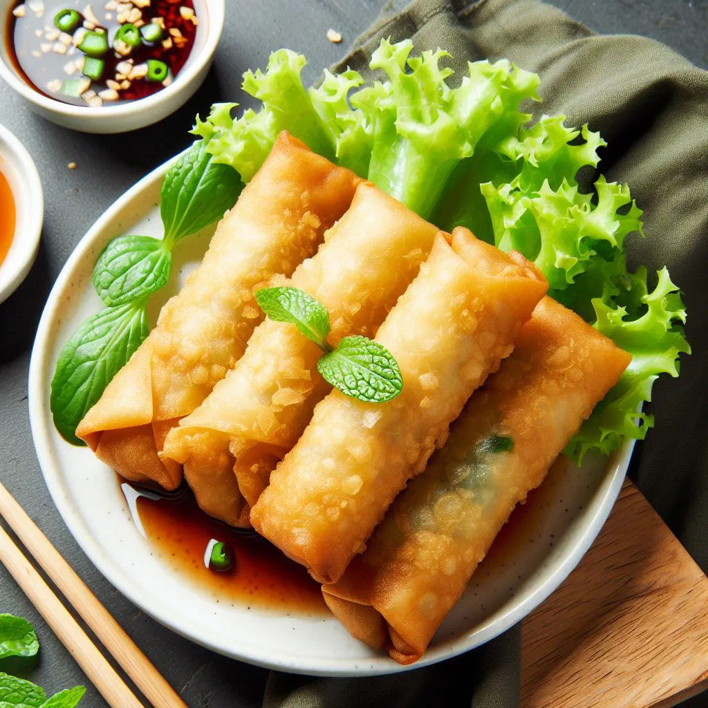 Golden, crispy fried Thai spring rolls served with a dipping sauce