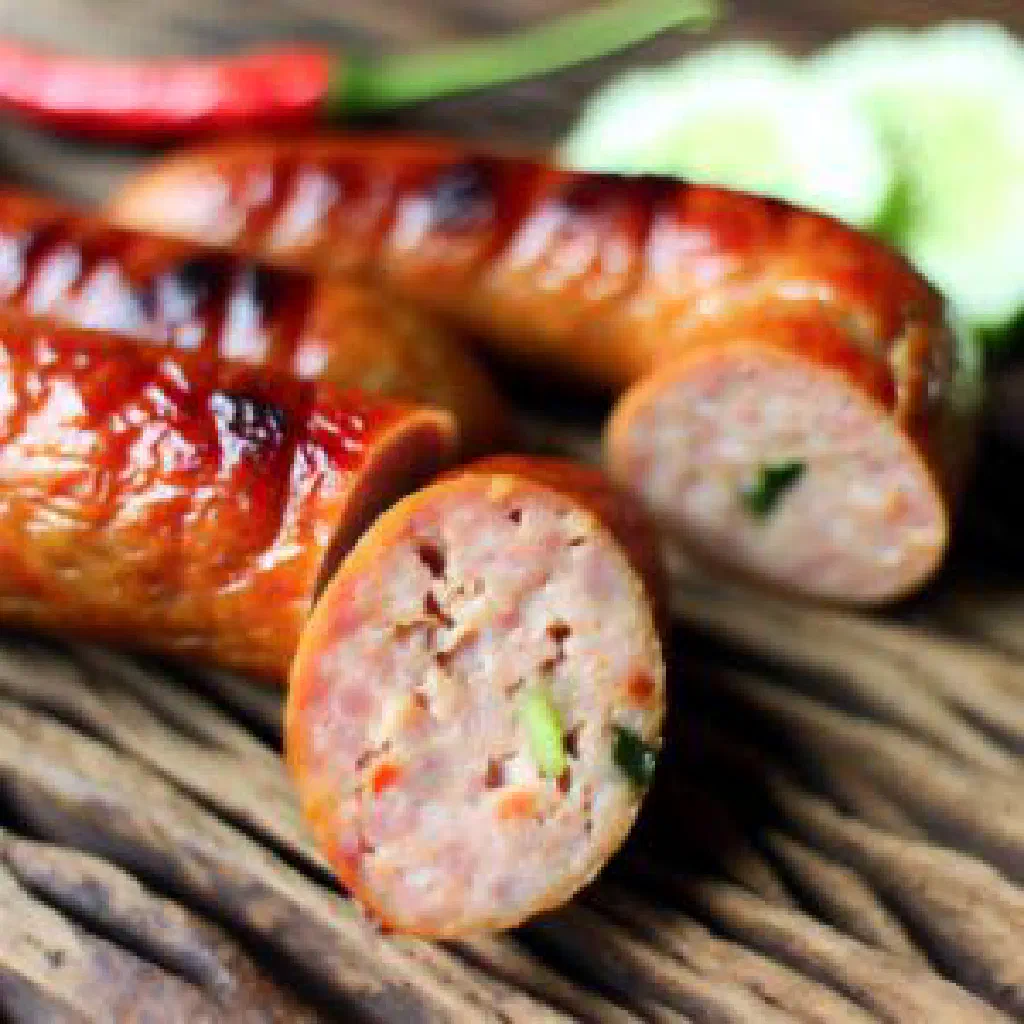 Grilled coiled Northern Thai Sai Ua sausage sliced and garnished with fresh herbs