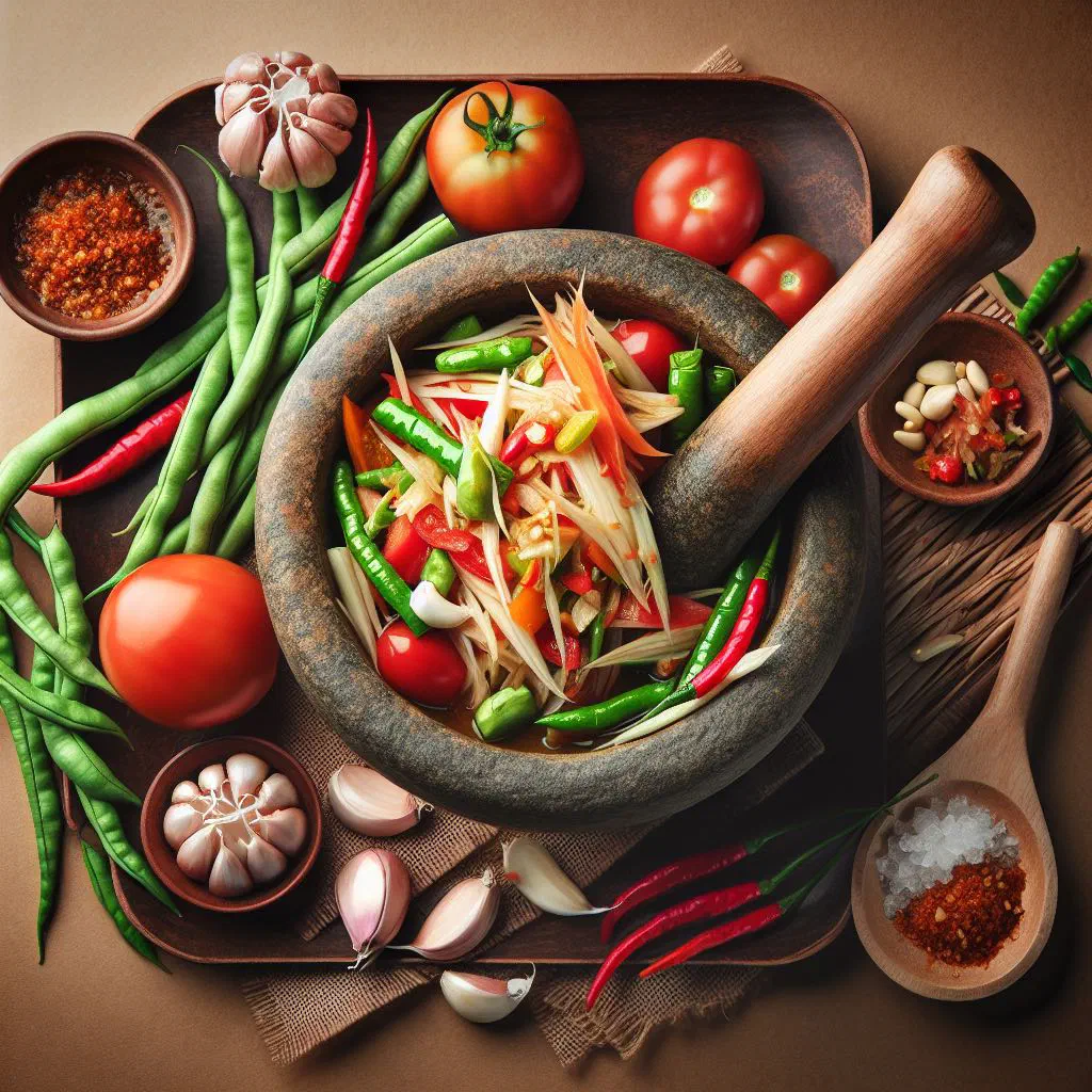 Spicy green papaya salad with fermented fish, lime and roasted peanuts