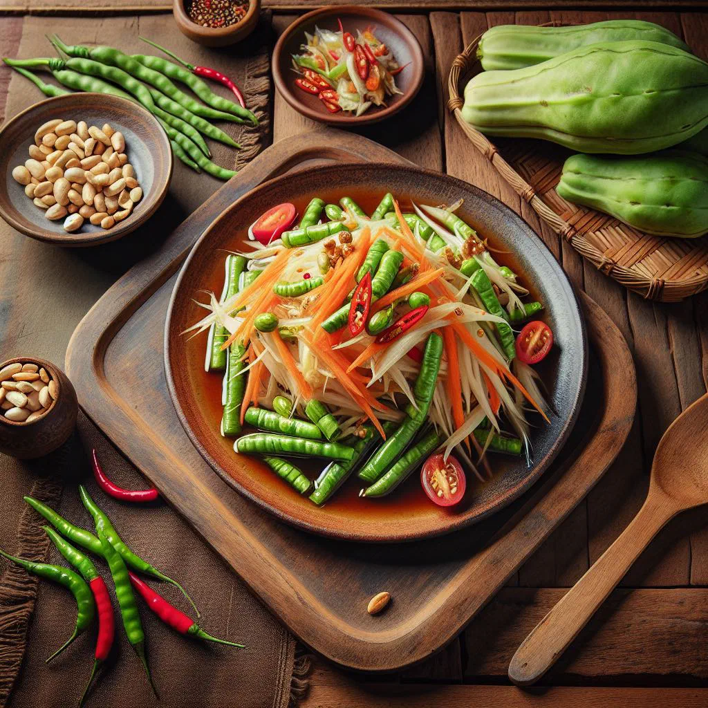 Som tam green papaya salad garnished with peanuts and fresh coriander