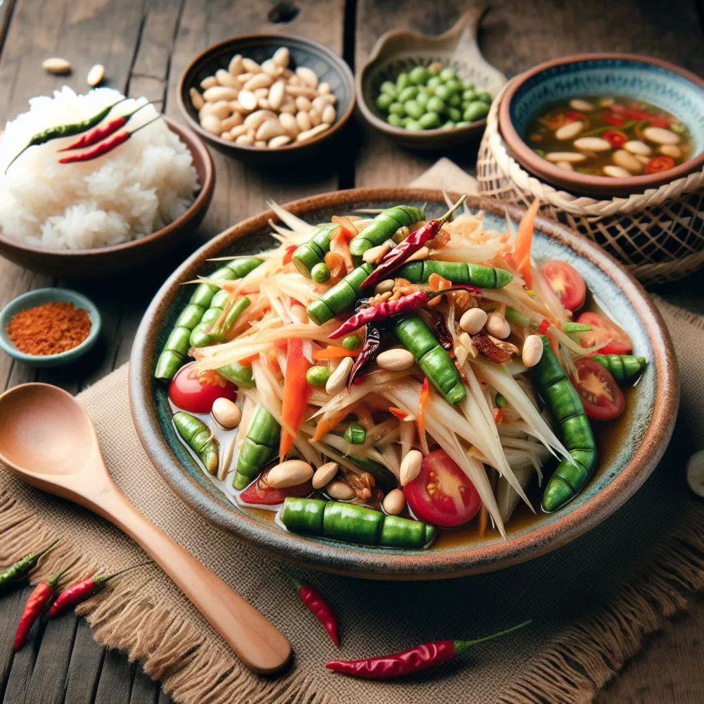 Som tam sua green papaya salad topped with roasted peanuts and fresh herbs