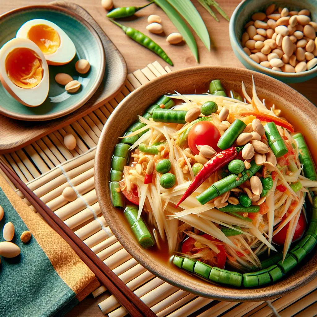 Thai green papaya salad topped with sliced egg and crushed peanuts