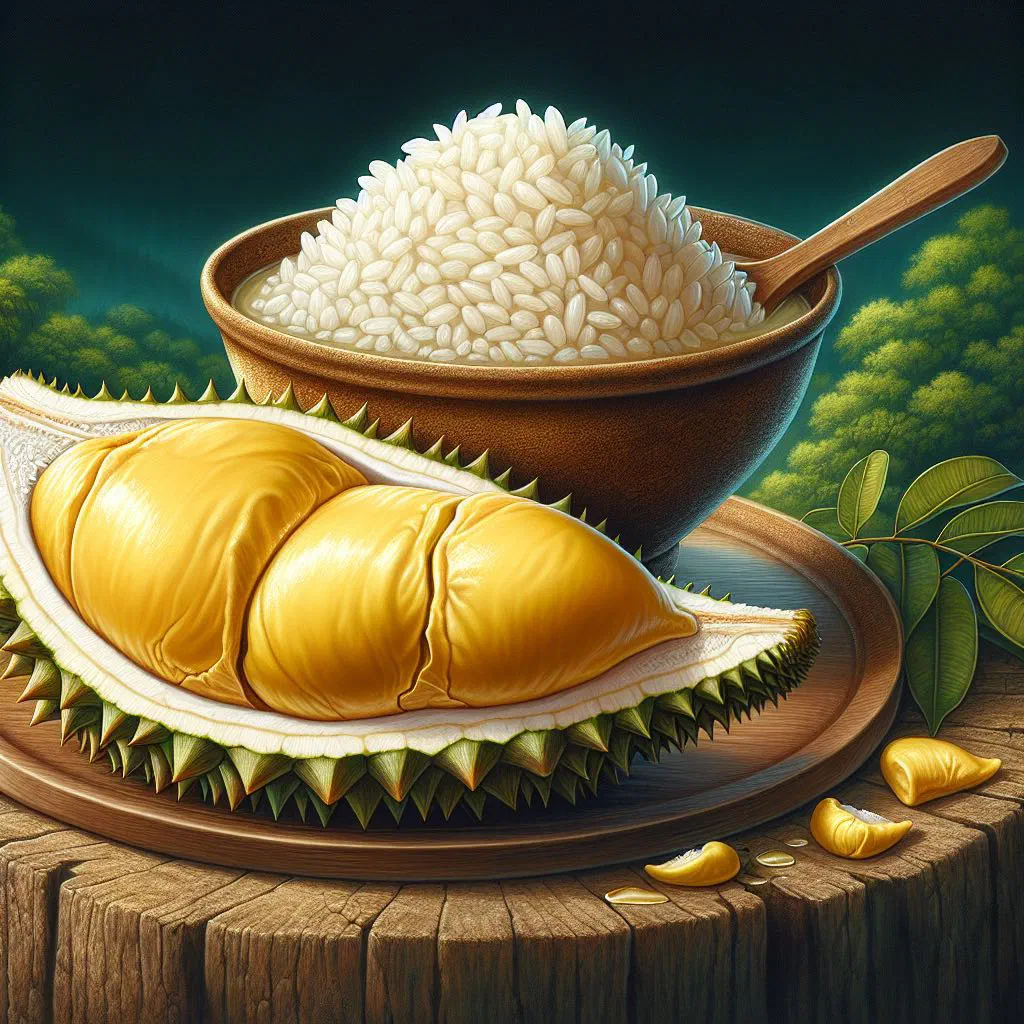 Sticky rice topped with fresh durian and coconut milk in a bowl