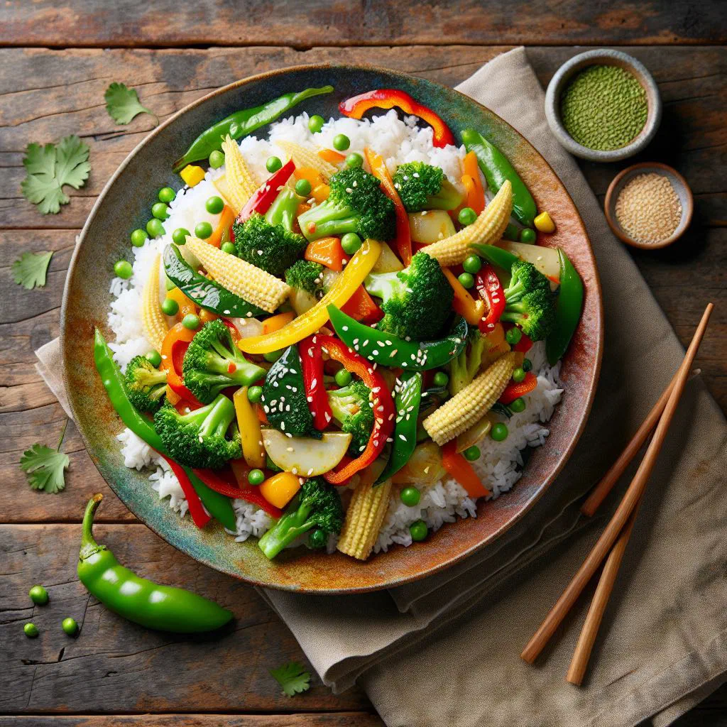 Colourful Thai stir-fried mixed vegetables in a savoury sauce