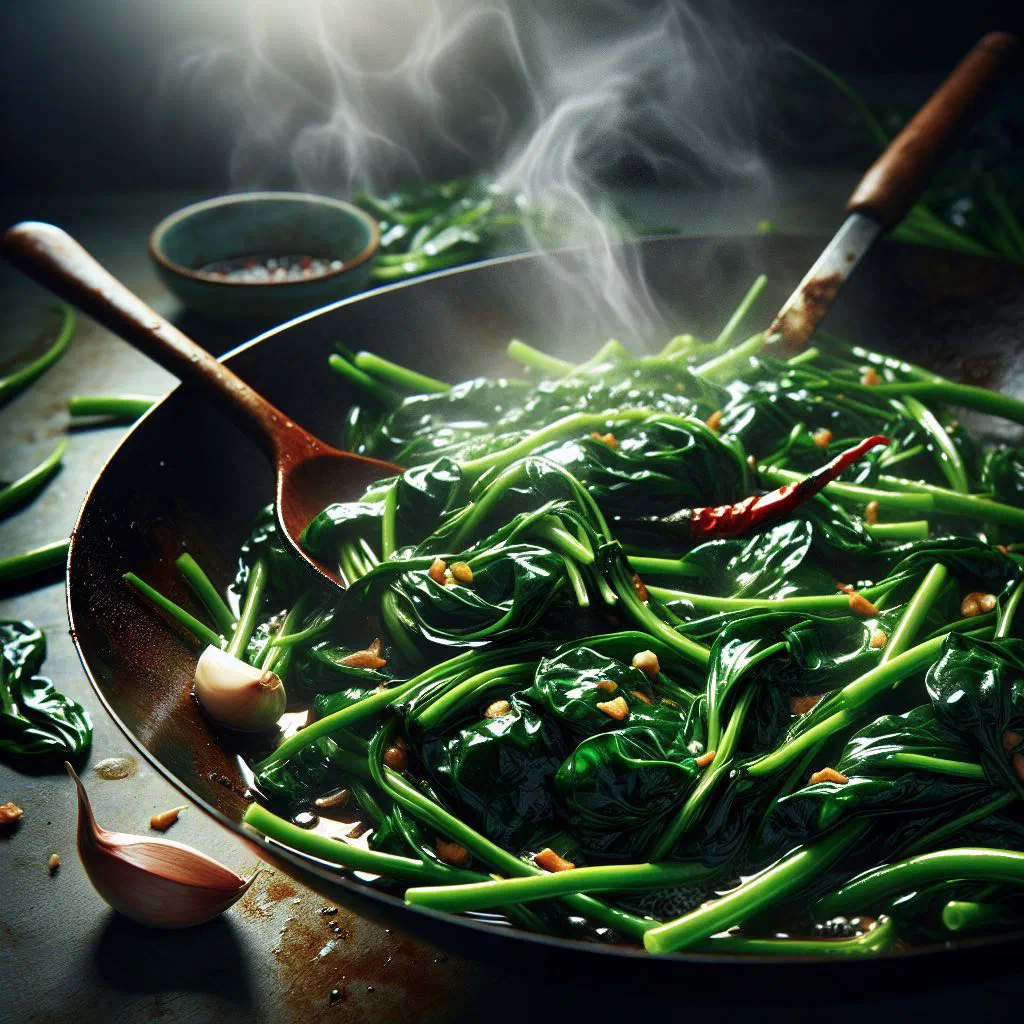Stir-fried morning glory with garlic and chilli in a wok