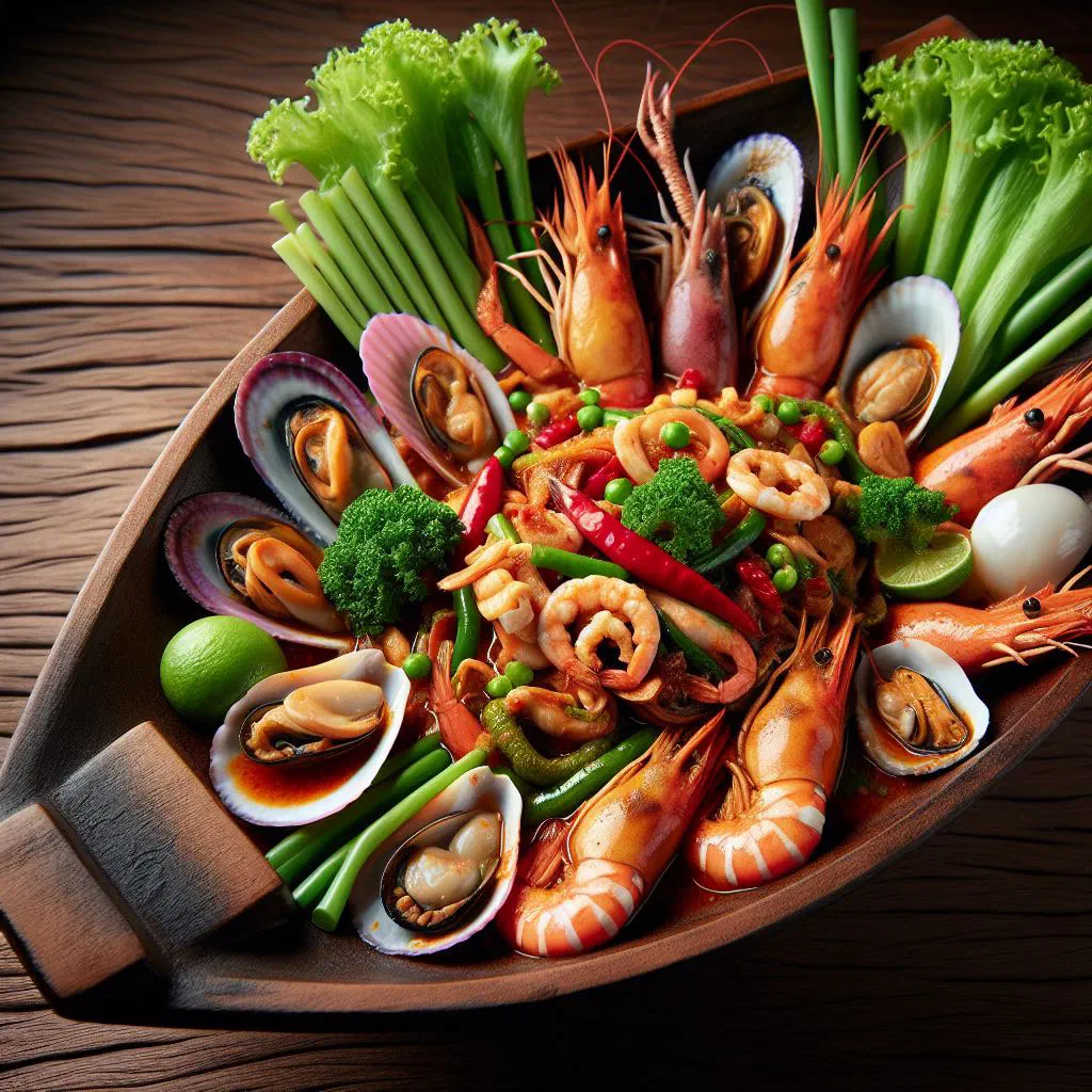 Suki haeng talay, a spicy Thai dry seafood stir-fry with prawns, squid and crisp vegetables