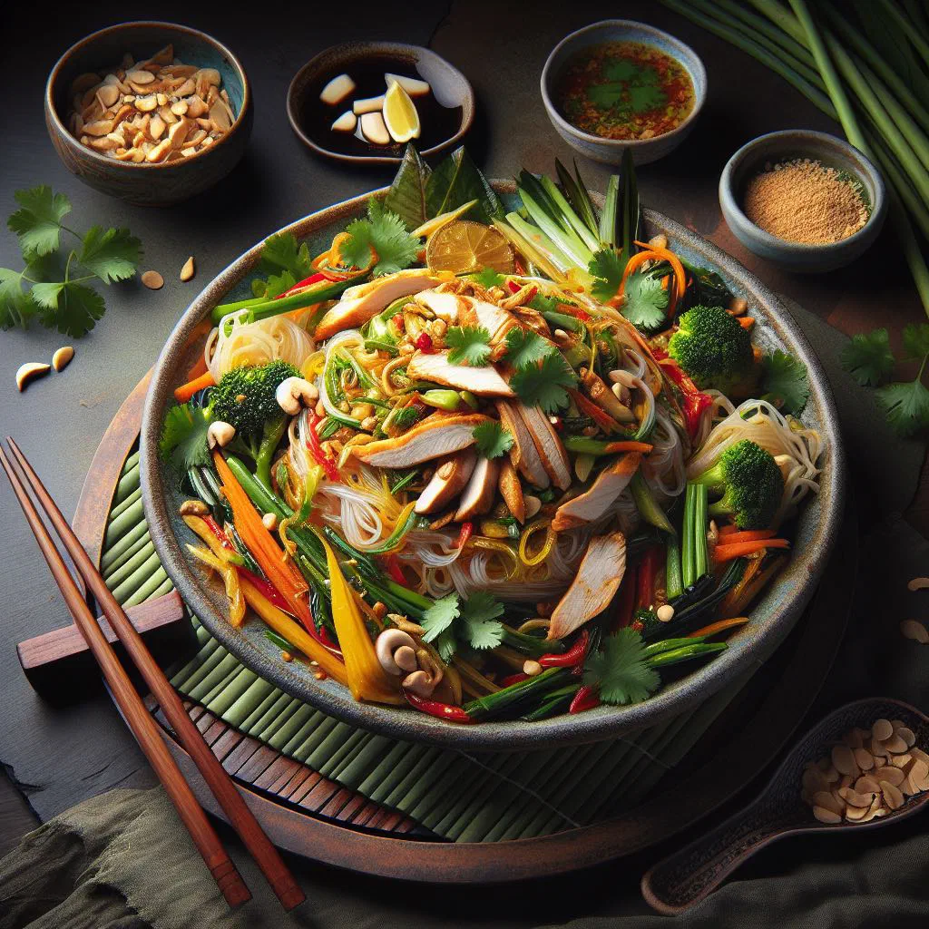 Bowl of Suki Nam Gai with chicken, rice noodles and vegetables in a clear broth