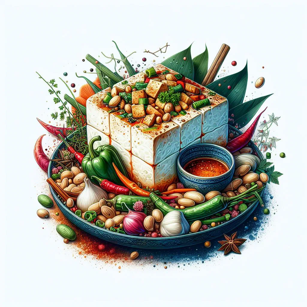 Pan-fried tofu cubes with fresh herbs and chopped peanuts on a plate
