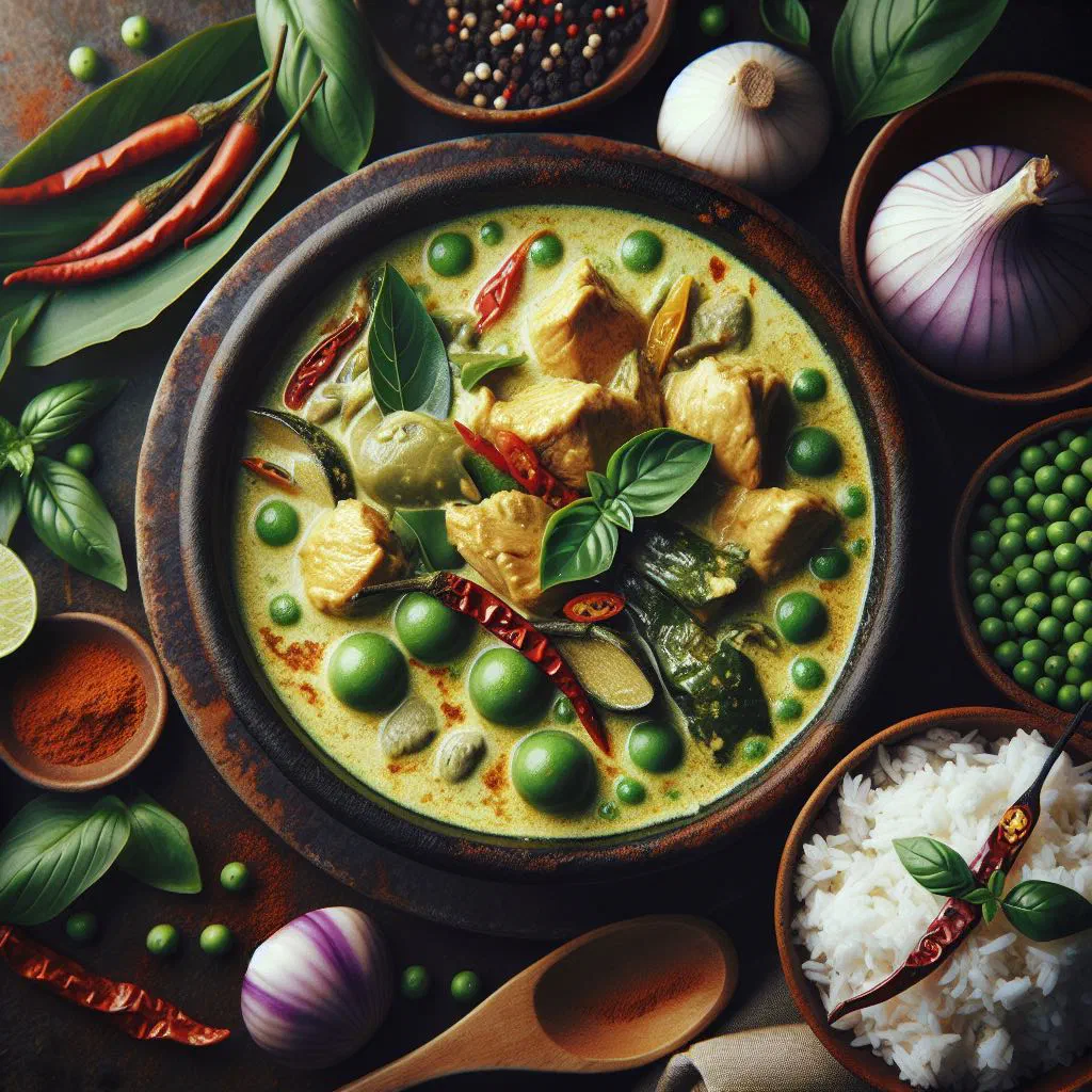 Bowl of Thai green chicken curry with coconut milk and fresh basil, served with jasmine rice
