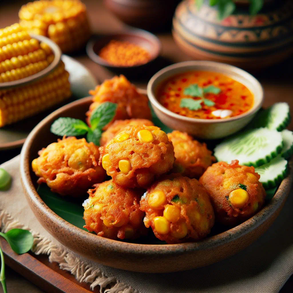 Golden Thai sweetcorn fritters garnished with fresh coriander