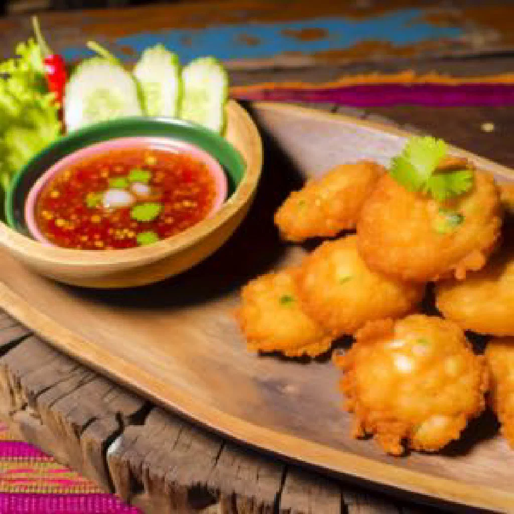 Crispy golden Thai prawn cakes served with sweet chilli dipping sauce