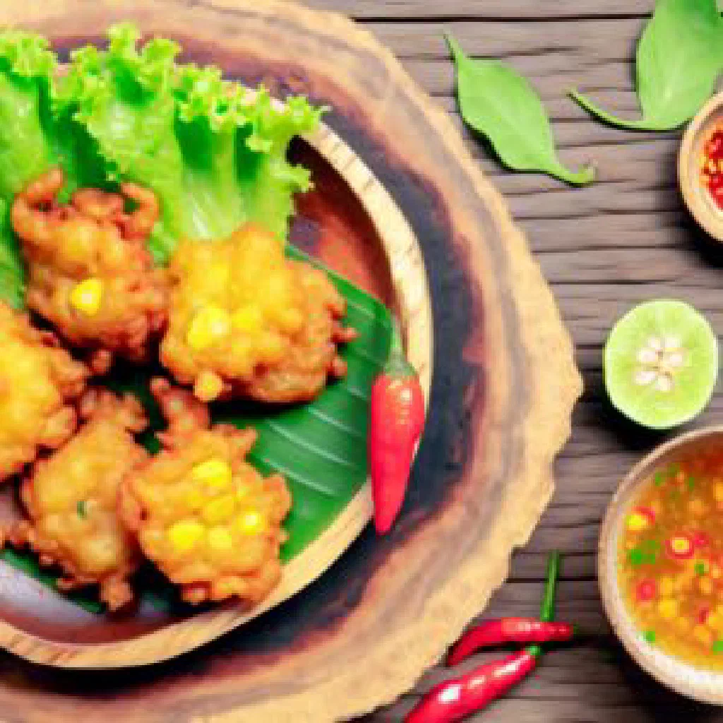Golden Thai corn fritters served with a dipping sauce