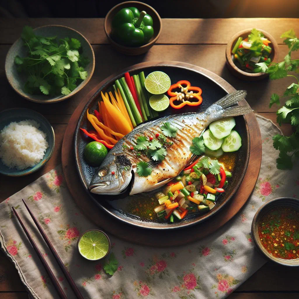 Golden Thai fish cakes served with fresh herbs and a chilli dipping sauce