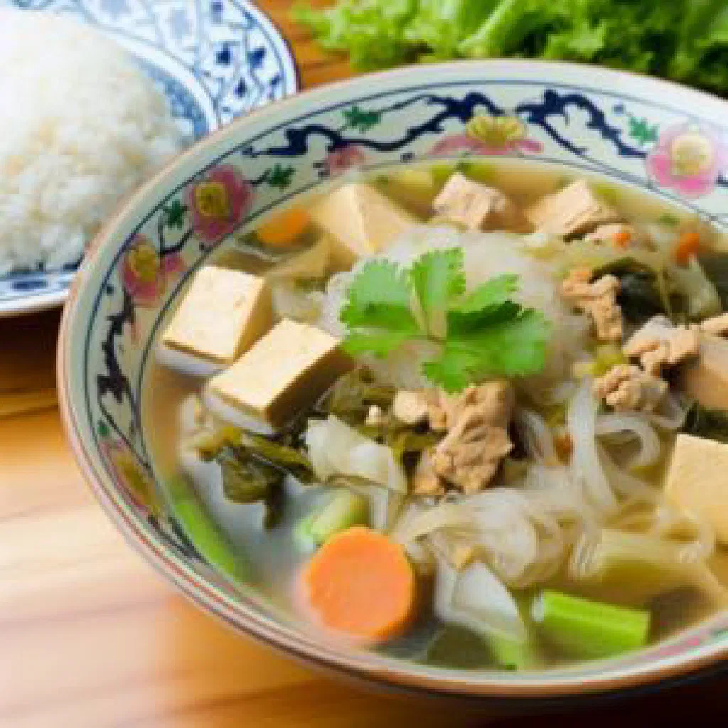 A bowl of clear Tom Jued soup with tofu, vegetables and coriander