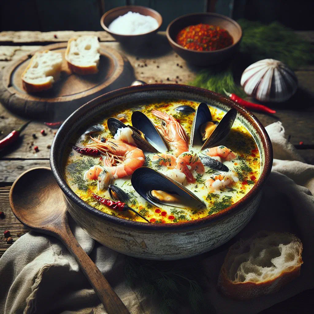 A steaming bowl of Tom Klong Pla fish soup garnished with fresh coriander