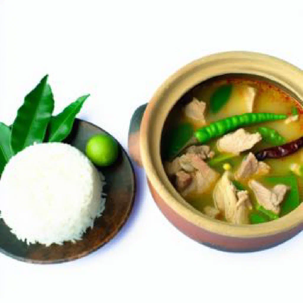 A steaming bowl of Tom Saab soup garnished with fresh coriander and chilli