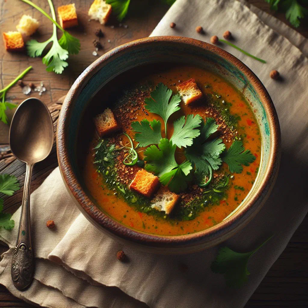 A steaming bowl of Tom Saap with chicken, herbs and lime