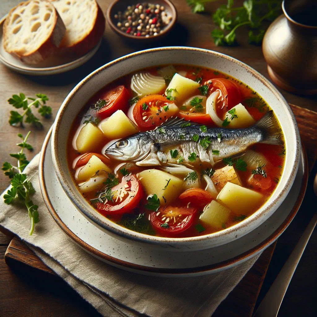 Bowl of Thai sour fish soup garnished with fresh coriander and lime