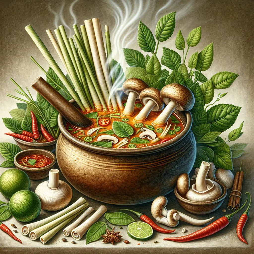 A steaming bowl of Tom Yam Hed mushroom soup garnished with fresh coriander