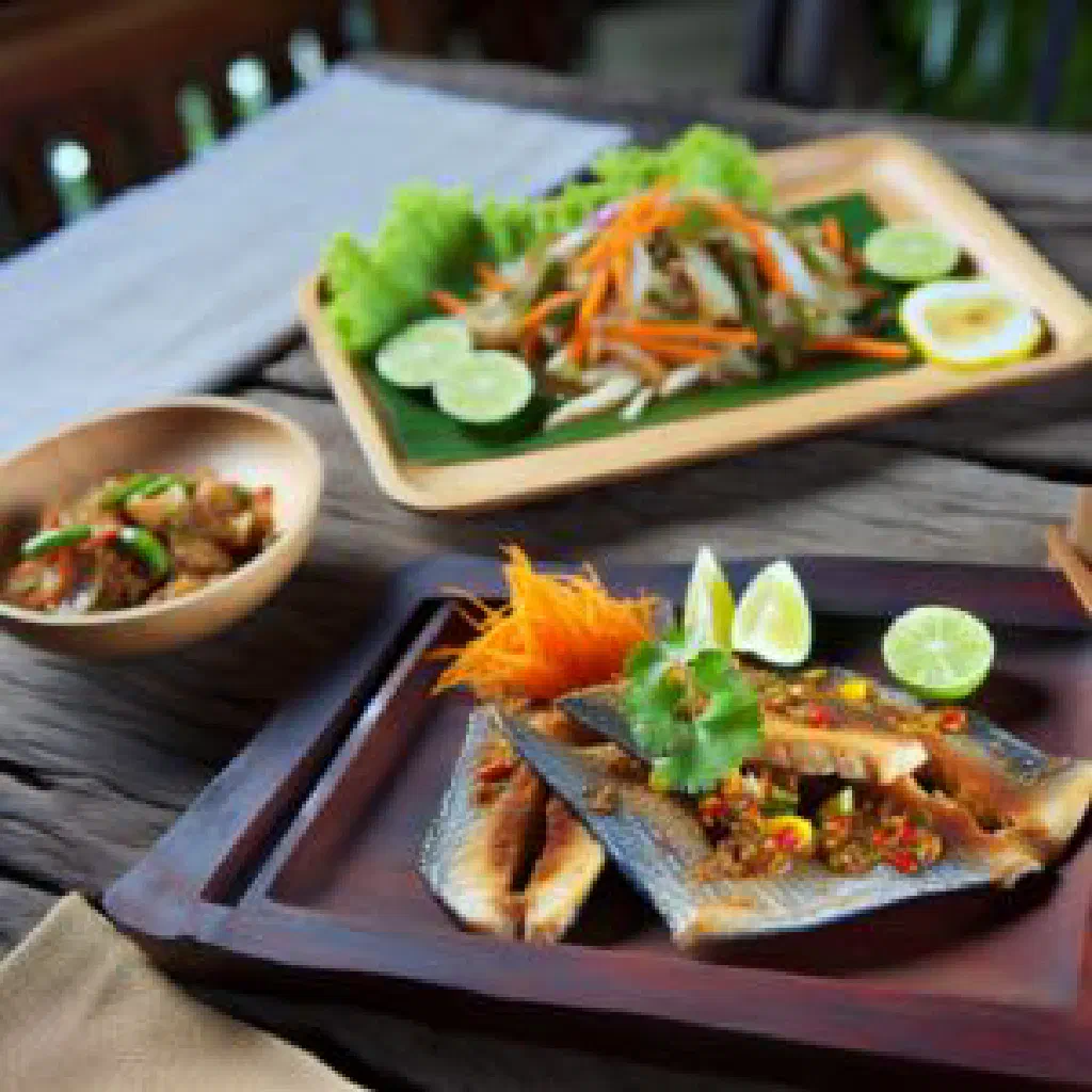 Spicy Thai tom yam pla duk catfish soup garnished with fresh coriander