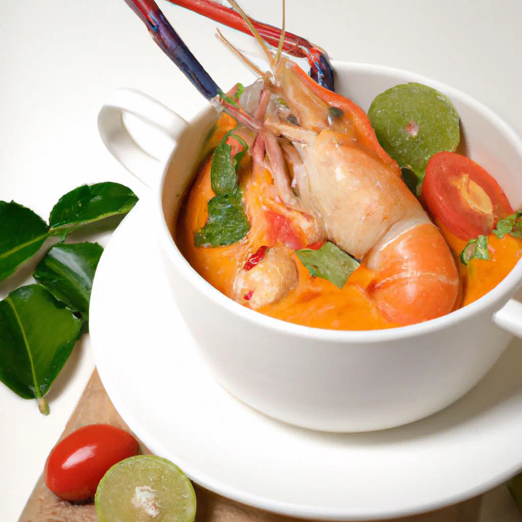 Bowl of fragrant Tom Yum Goong soup with prawns, lemongrass and chilli