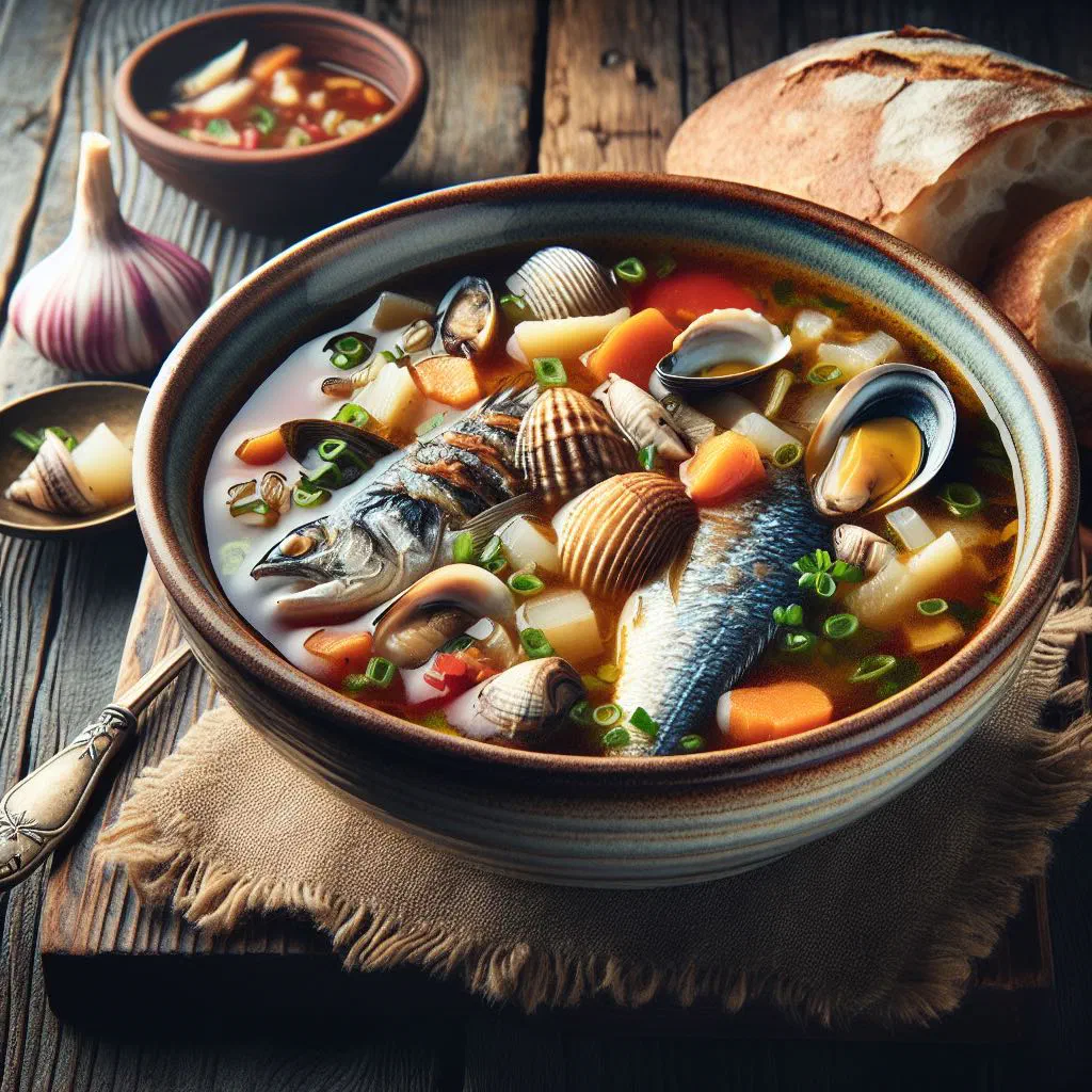 Hot and sour Thai fish soup garnished with coriander and red chilli