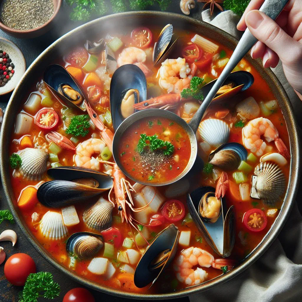 Bowl of spicy Thai tom yum talay seafood soup with prawns, mushrooms and coriander