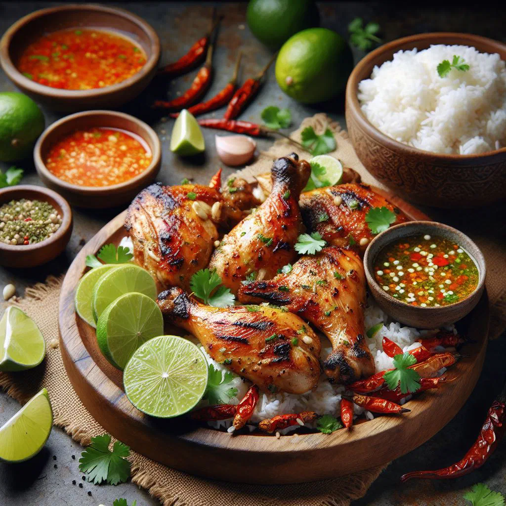 Thai grilled chicken salad with herbs, chillies and roasted peanuts