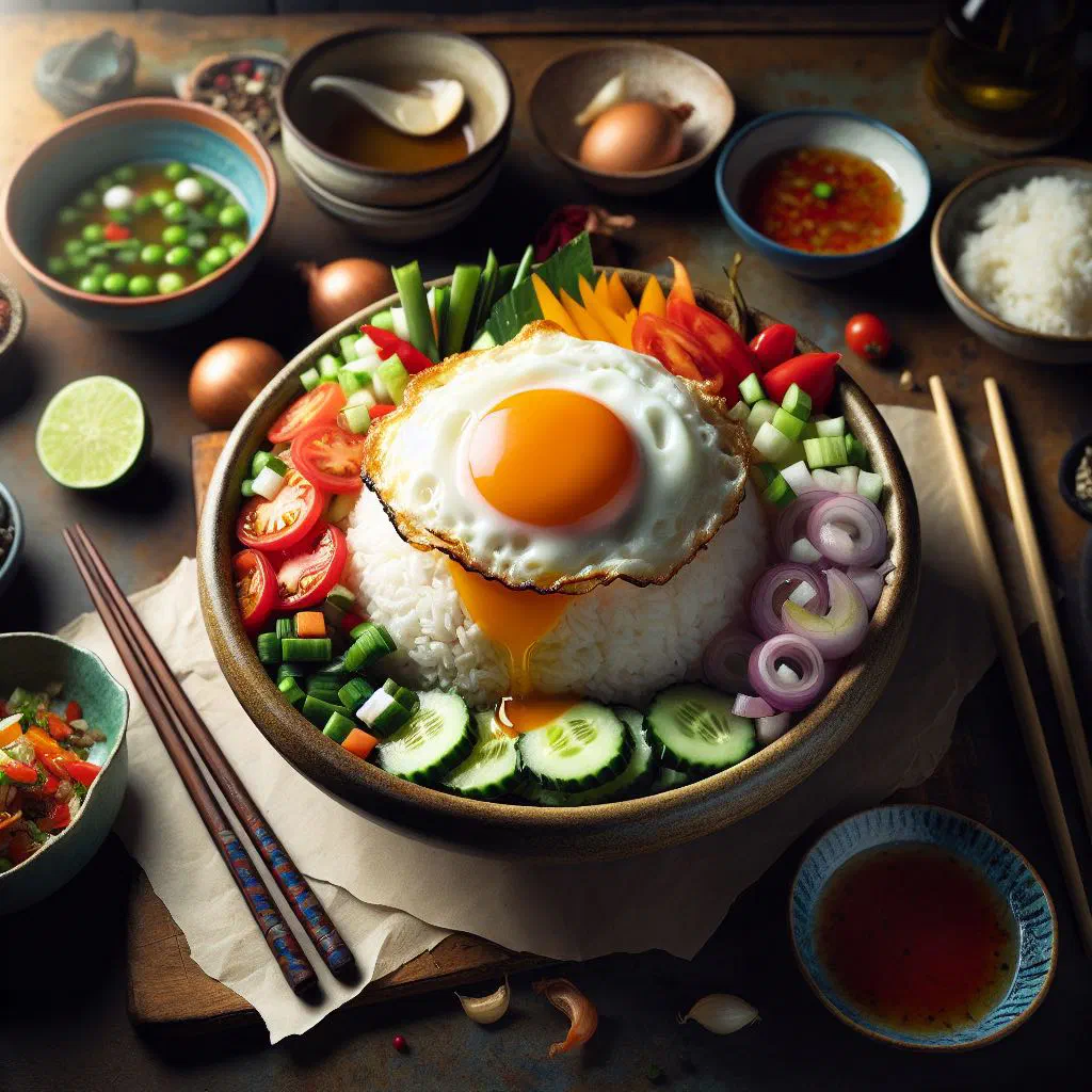 Thai fried egg salad with crisp vegetables, lime dressing and fresh herbs