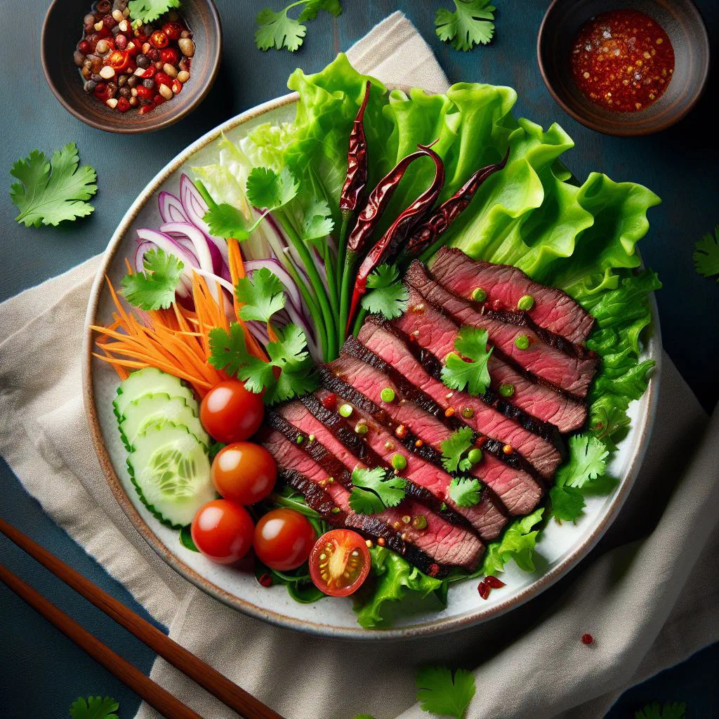 Thai beef salad with sliced beef, onion, chilli and fresh coriander