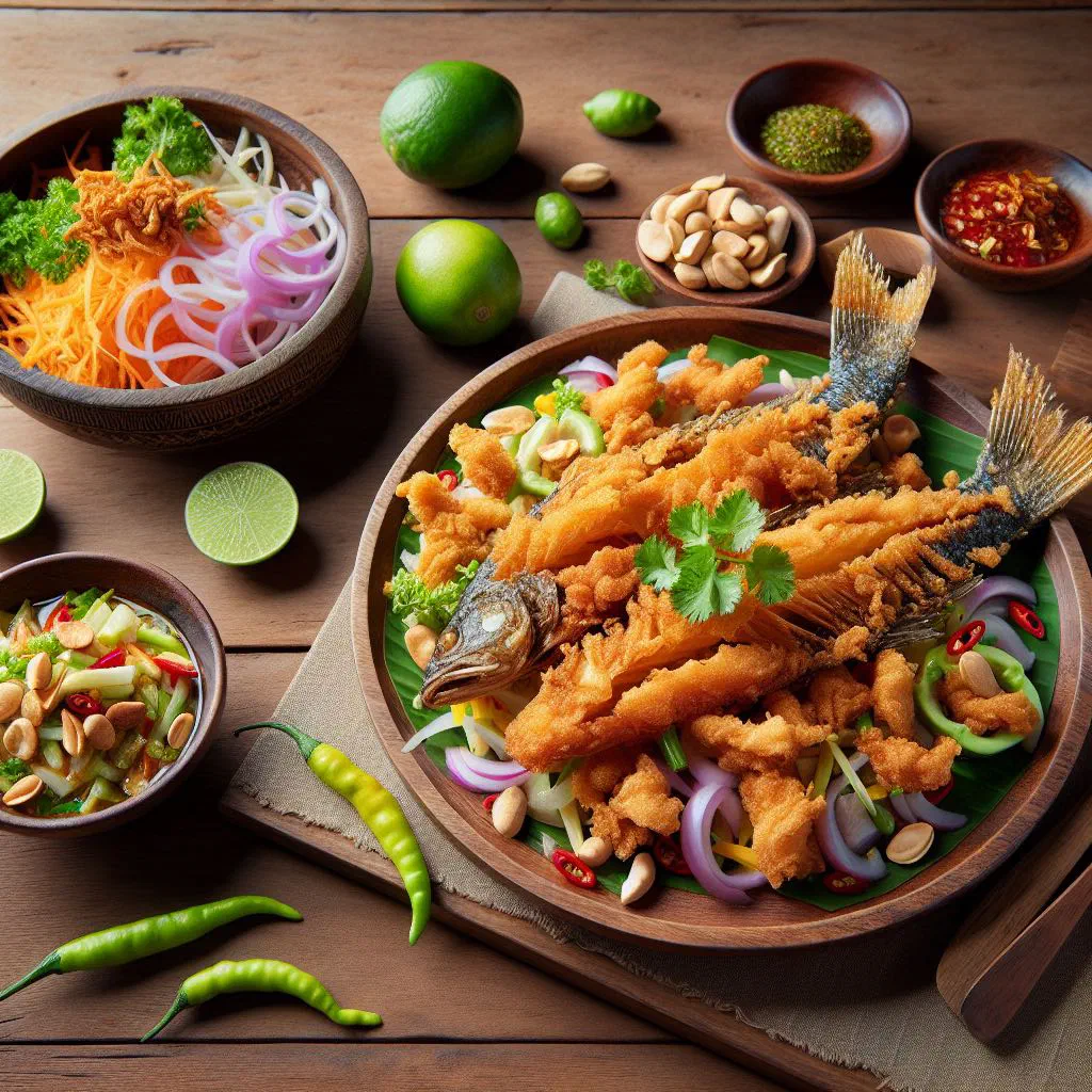 Crispy fried catfish salad topped with chilli, onion and fresh coriander