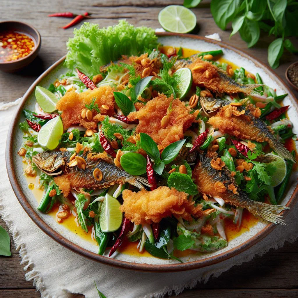 Thai crispy fish salad with fresh vegetables and lime dressing