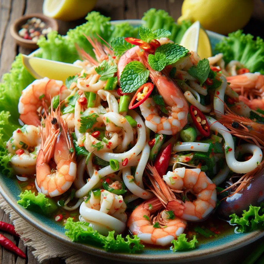 Thai seafood salad with prawns, squid and fresh herbs